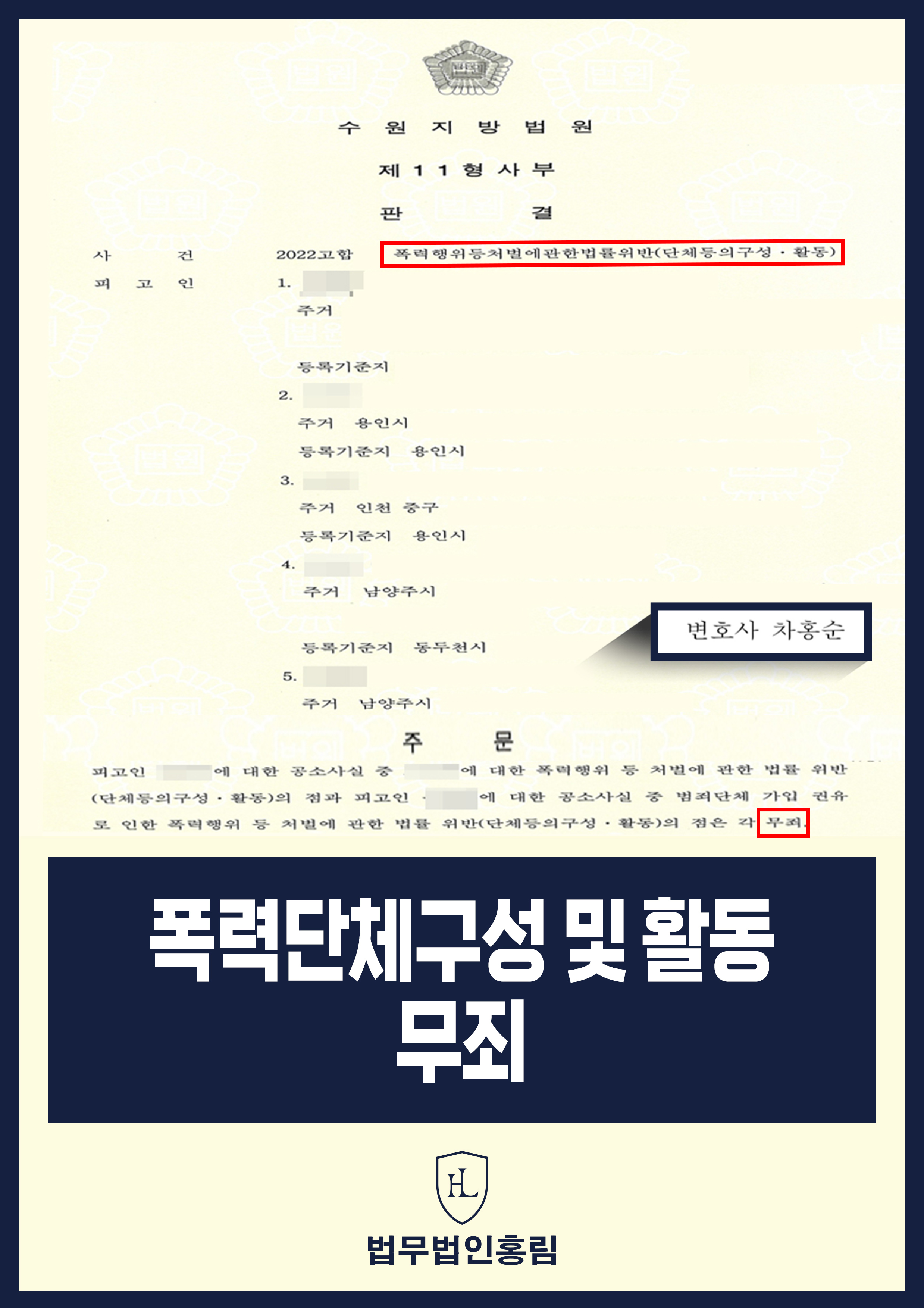 폭력단체구성 및 활동 무죄- 범죄 조직 활동 및 구성 위증 사실과 적법한 증거 없음 주장해 무죄 성공 원문 자료