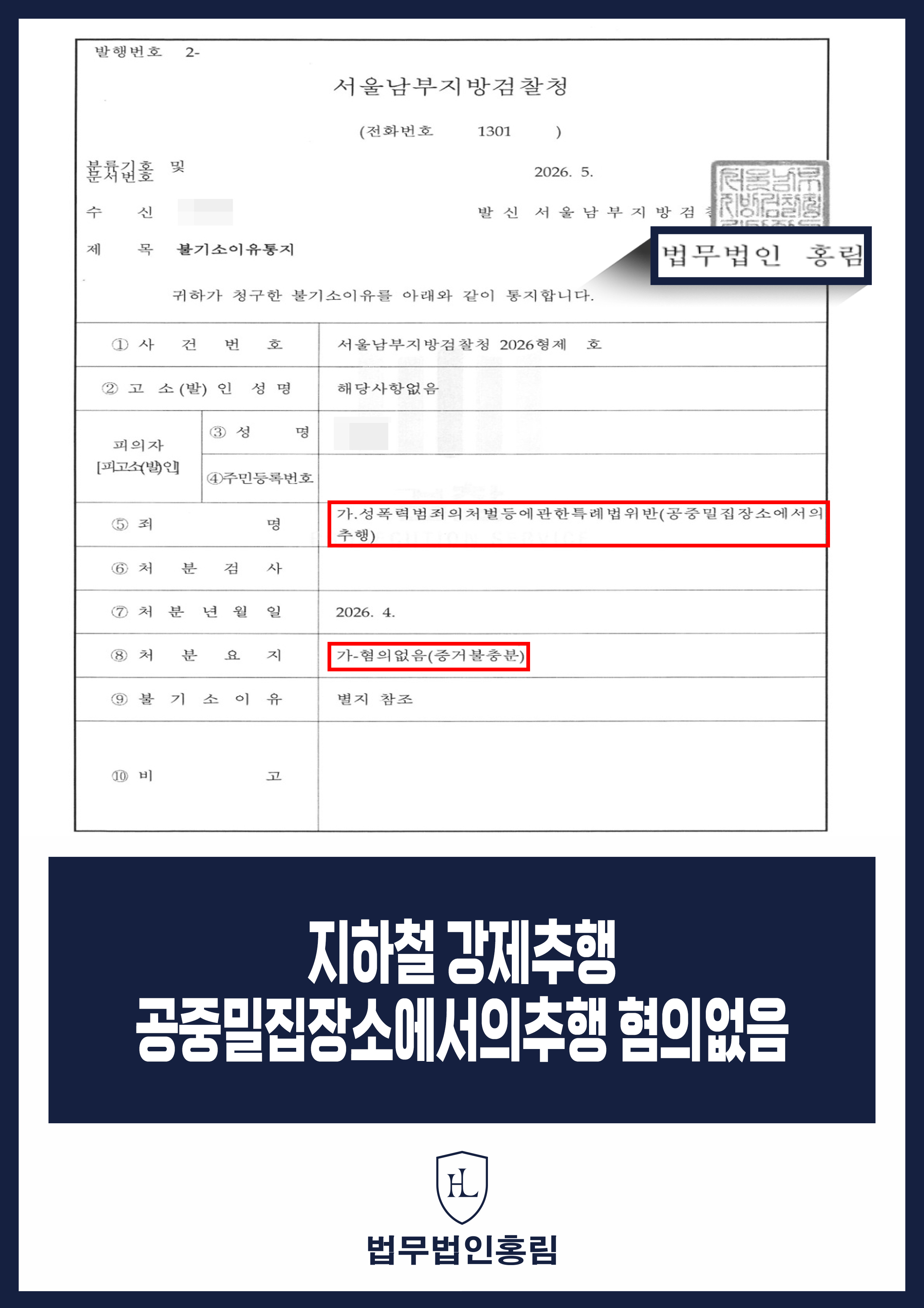 혼잡한 지하철 신체 접촉 추행 신고｜검찰 혐의없음 처분 원문 자료