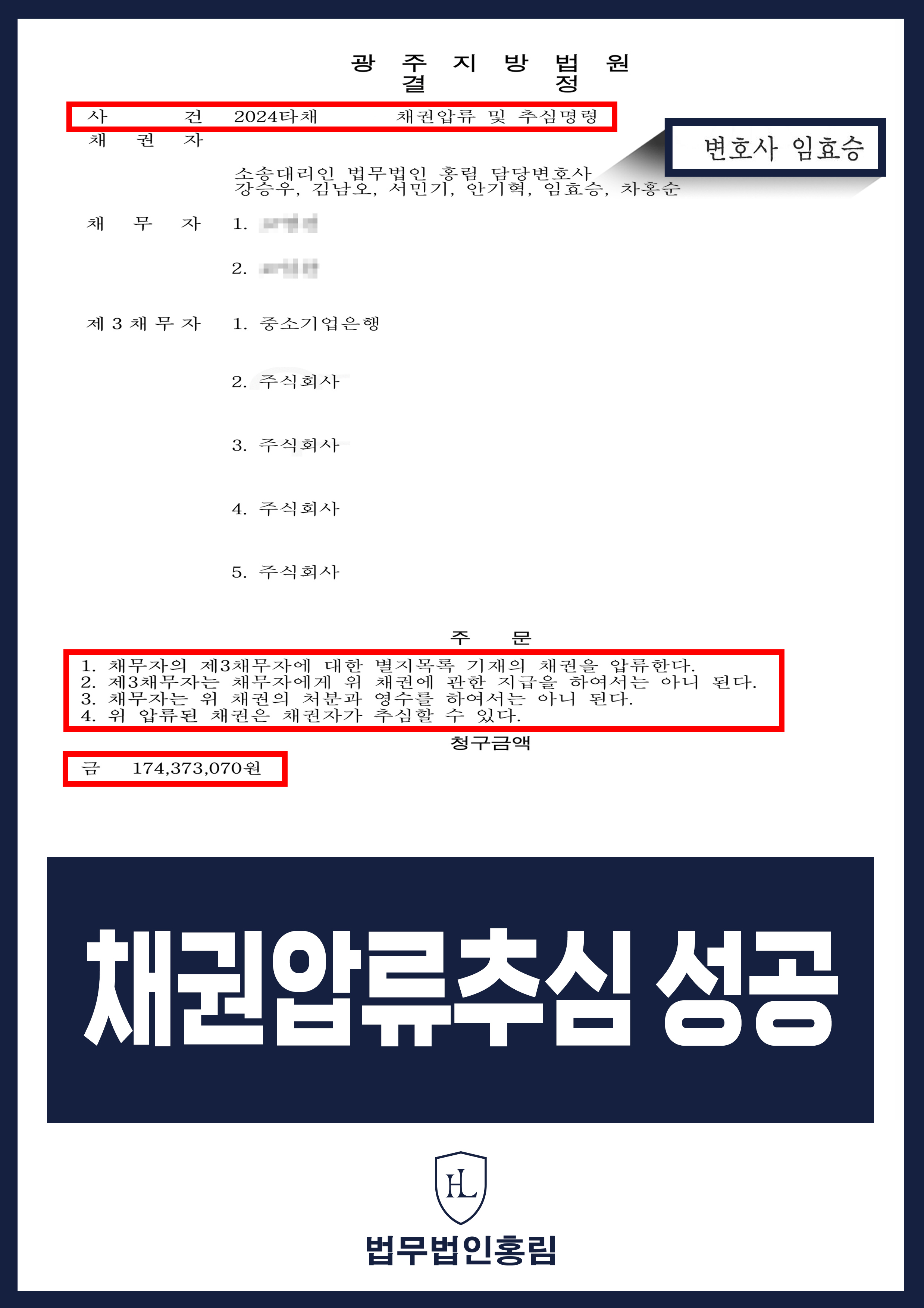채권압류 및 추심명령 성공사례 - 민사소송 확정판결된 1억7천만원 갚지 않아 채권압류 추심명령청구하여 성공 이끈 사례 원문 자료