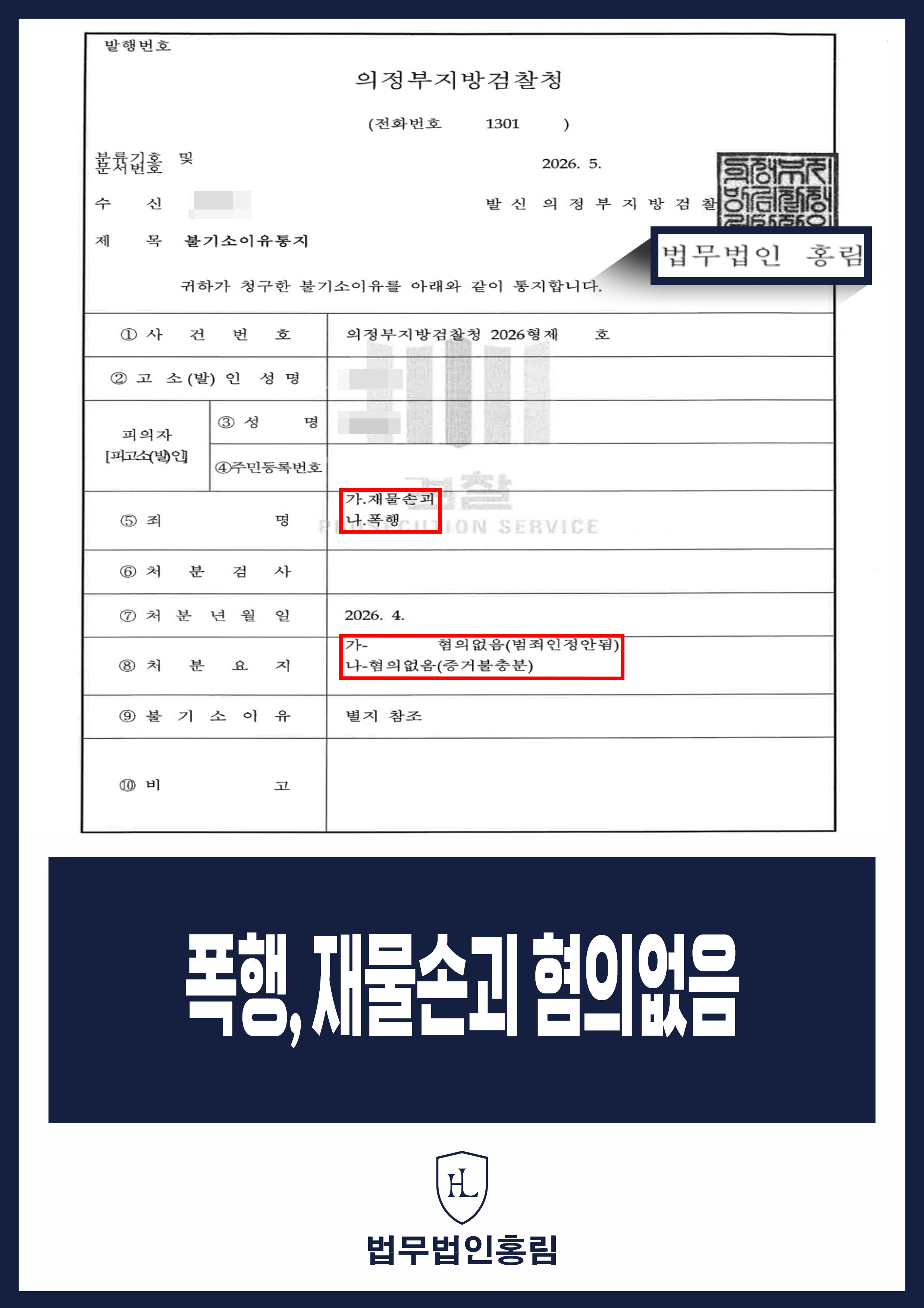 부부싸움 폭행·재물손괴 고소｜검찰 혐의없음 처분 원문 자료