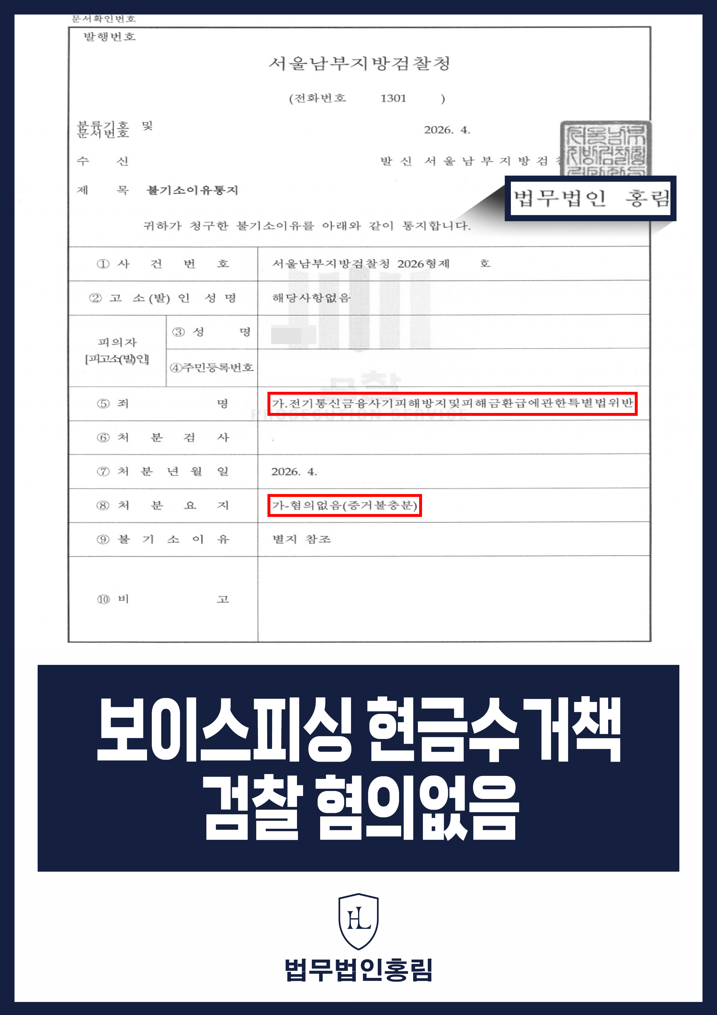 대출 절차로 오인한 보이스피싱 현금 전달｜검찰 혐의없음 원문 자료
