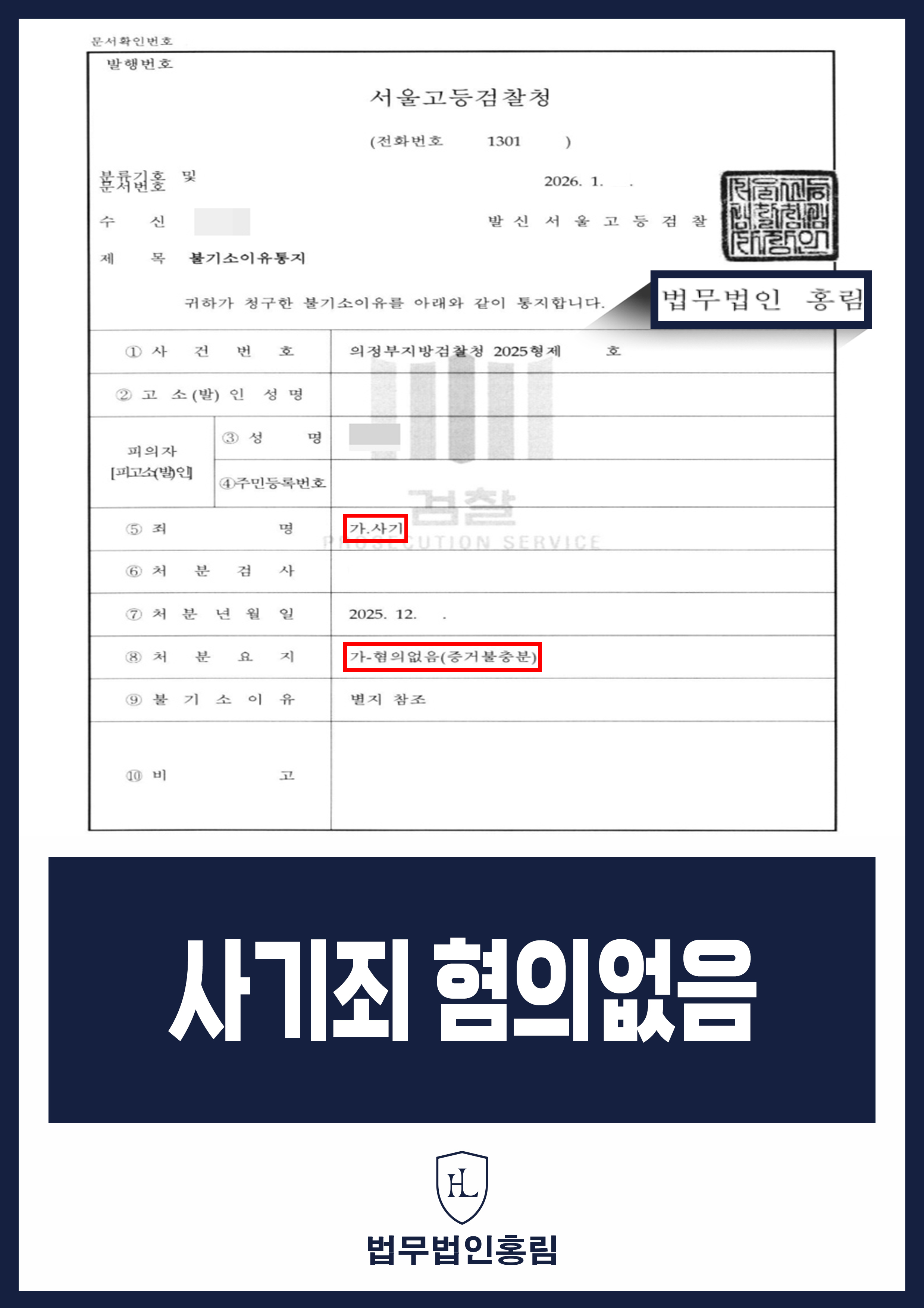 사기죄 혐의없음 - 지인에게 투자금 빌렸다가 사기죄 고소, 불송치부터 불기소까지 완벽 방어 원문 자료