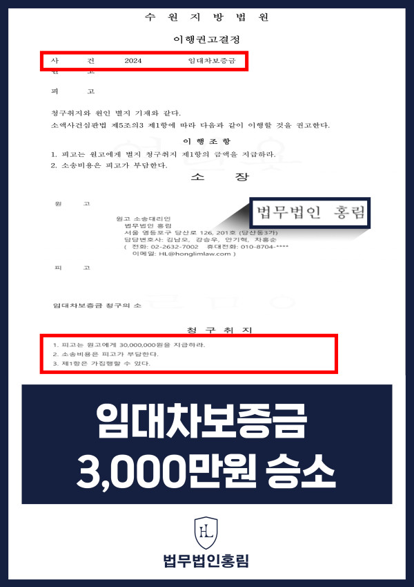 임대보증금 반환 승소사례 - 전세보증금 반환 청구의 소 제기한 결과 3000만원 전액 돌려받은 사례 원문 자료