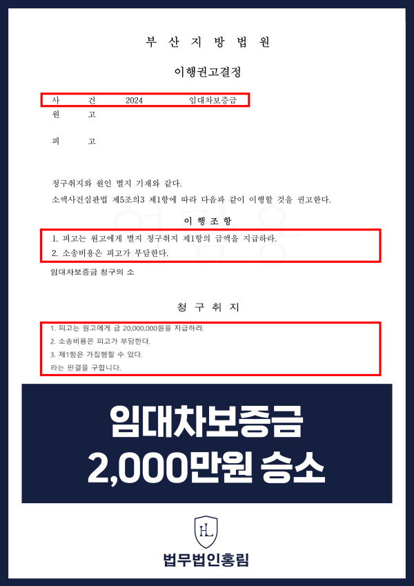 임대보증금 반환 승소사례 - 전세보증금 반환 청구의 소 제기한 결과 2000만원 전액 돌려받은 사례 원문 자료