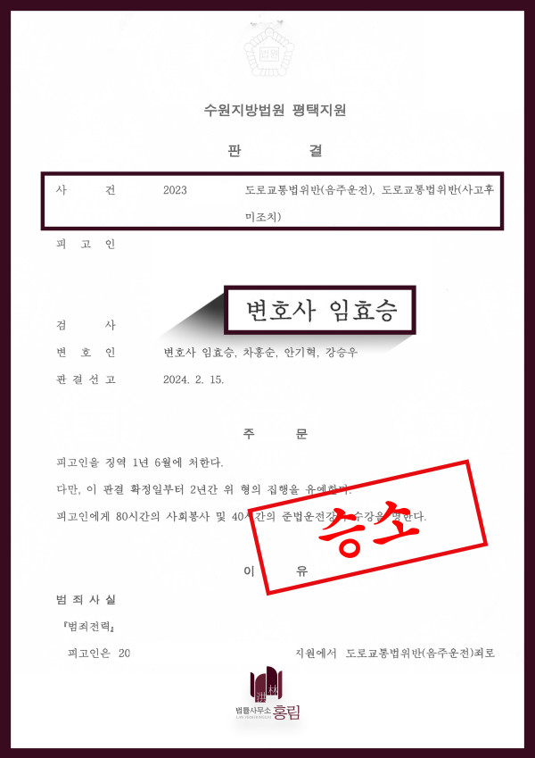 음주운전 3진 아웃 + 사고 후 미조치 집행유예 성공사례 원문 자료