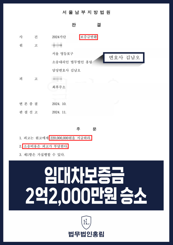 임대보증금 반환 승소사례 - 전세보증금 반환 청구의 소 제기한 결과 2억2,000만원 전액 돌려받은 사례 원문 자료