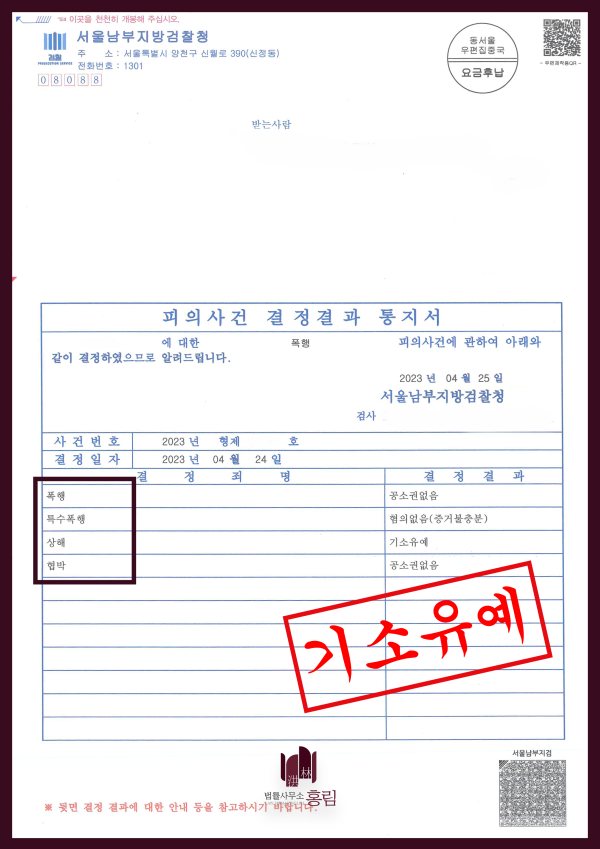 연인 간 다툼 관련 폭행·상해 등 혐의 - 검찰의 혐의별 처분 원문 자료