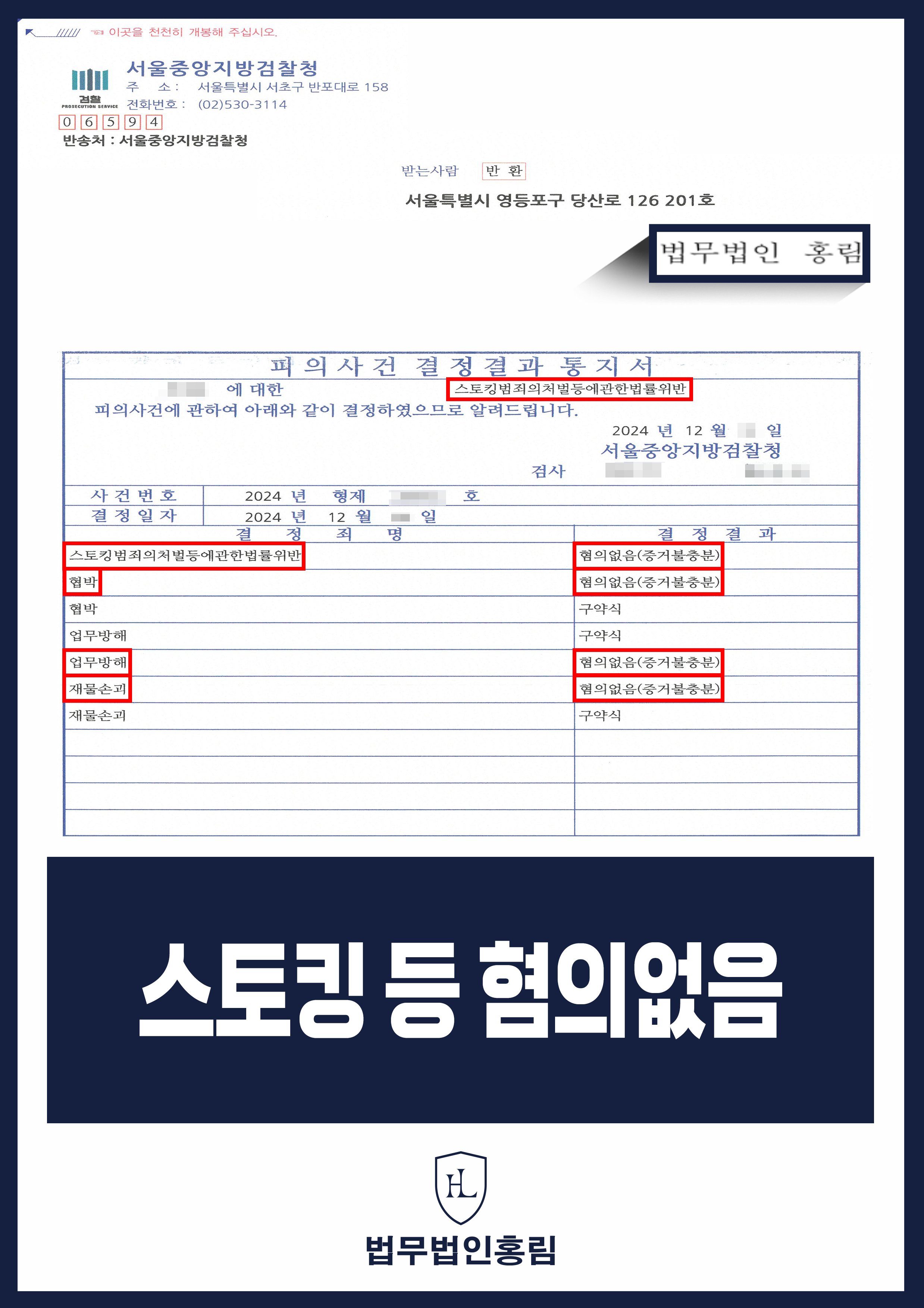 스토킹 혐의없음 성공사례 - 전여친 집과 직장에 찾아가 다수 범죄 혐의가 적용됐지만 스토킹 등 혐의없음 이끈 사례 원문 자료